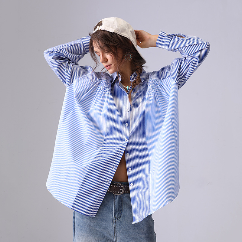 Europa y América comercio exterior ropa de mujer nueva camisa de algodón a rayas de manga larga mujer sensación de diseño suelto nicho universal blusa delgada