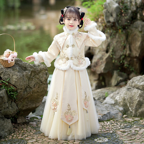 New Year winter hanfu for girls kids chinese ancient costume Qipao Cheongsam Dresses Girls chinese princess winter tang suit 