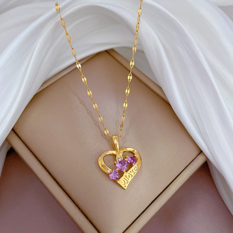 Fashion Heart Shape Titanium Steel Chain Inlay Artificial Diamond Pendant Necklace 1 Piece