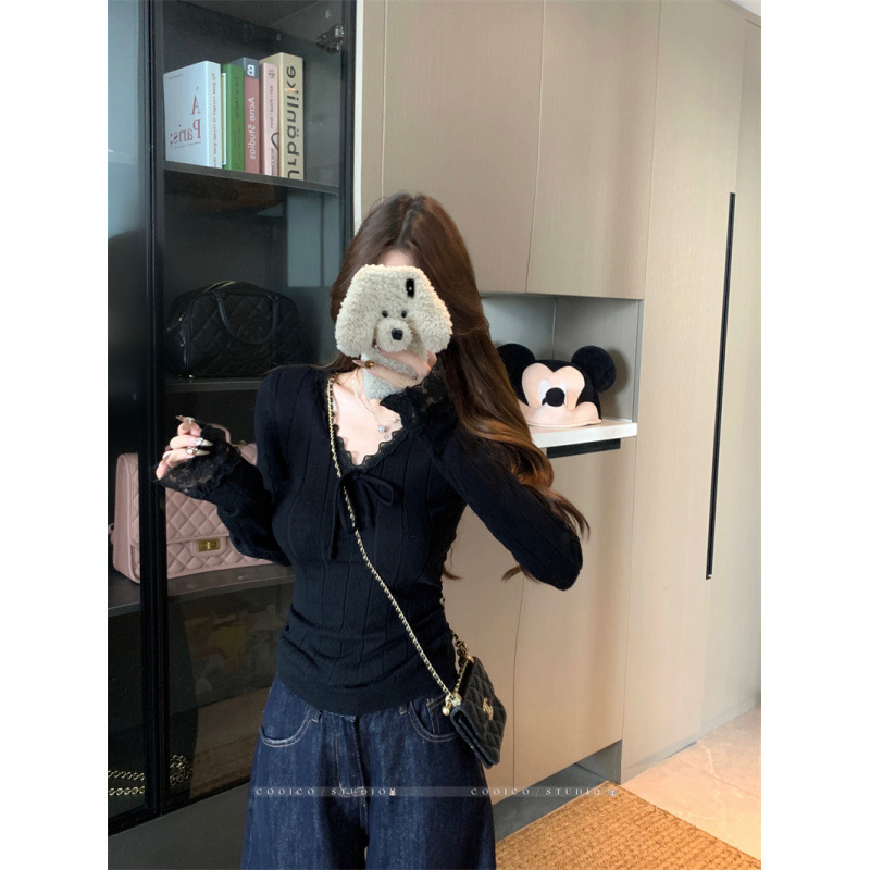 辣妹设计感蕾丝花边纯色收腰显瘦针织衫长袖T恤女上衣|undefined