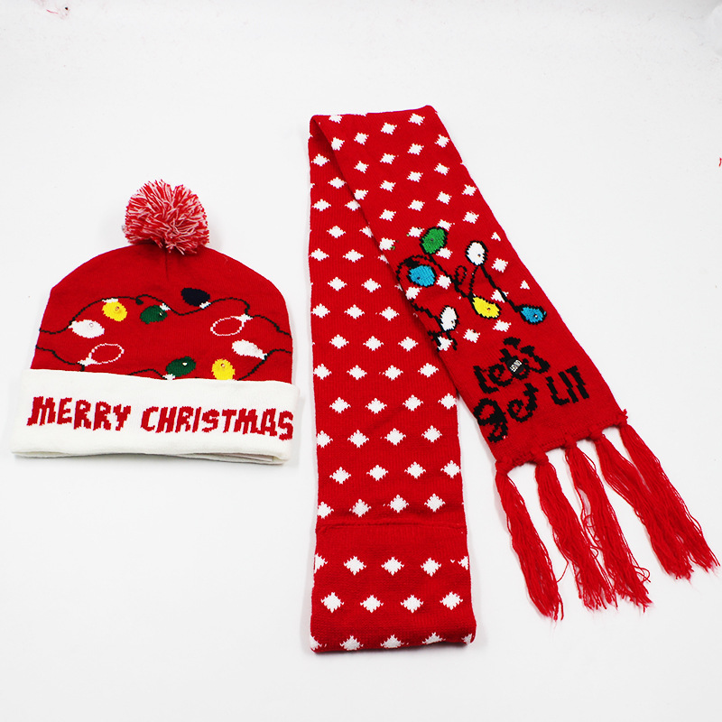 Fabricante transfronterizo de gorros navideños europeos y americanos tejidos en jacquard, gorros navideños de lana con luces LED, gorros navideños con pompón y bufandas. image 48