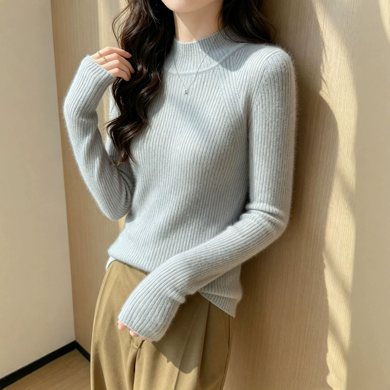 Half-turtleneck 100% pure wool sweater for women, autumn and winter knitted slim-fit solid color pullover, thickened inner layer base sweater Half-turtleneck 100% pure wool sweater for women, autumn and winter knitted slim-fit solid color pullover, thickened inner layer base sweater
