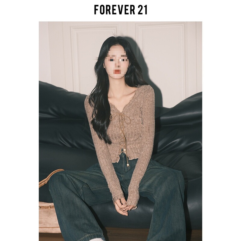 Forever21卡其色气质小V领针织小开衫女修身别致长袖绑带打底上衣|undefined