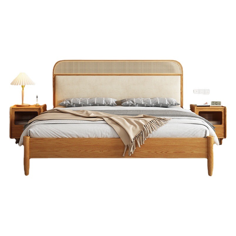 Cama de ratán nórdico cama de madera maciza 1,8 m bolsa suave estilo silencioso madera de Fresno dormitorio principal pequeño apartamento moderno simple cama de madera maciza