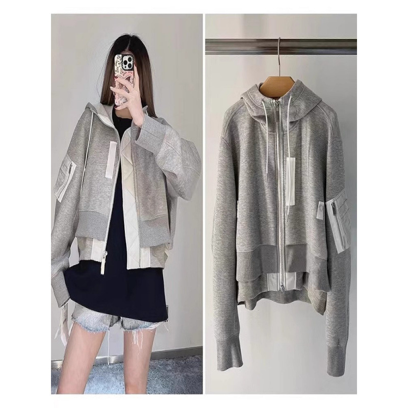 Fog Sacai Short Jacket 2023 Spring New Casual Patchwork Workwear Jacket Zipper Hooded Street Sweatshirt
