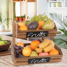 木质双层收纳篮水果蔬菜面包储藏架复古多层超市陈列架桌面杂物展