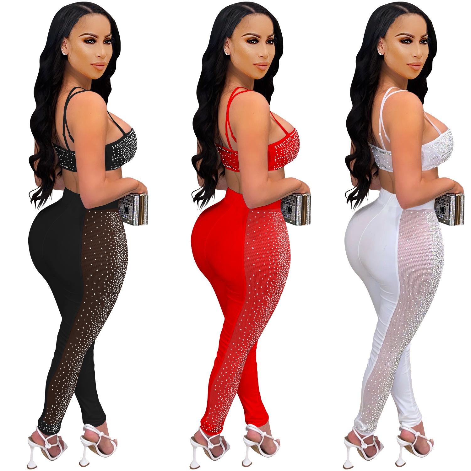 C5677 europea y americana nueva moda sexy tubo superior sin espalda pantalones cortos de malla ver-a través de dos piezas ropa de mujer