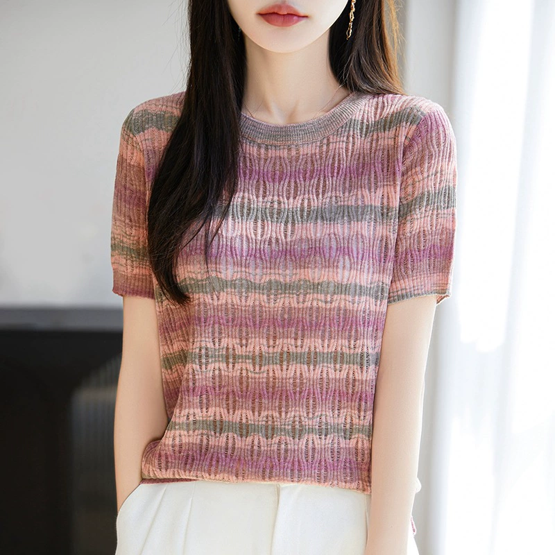 2025 Тонкий вязаный свитер, полосатая футболка, полый корейский стиль, западный стиль, самый простой для сочетания, Радуга, новая мода, топ с круглым вырезом для женщин