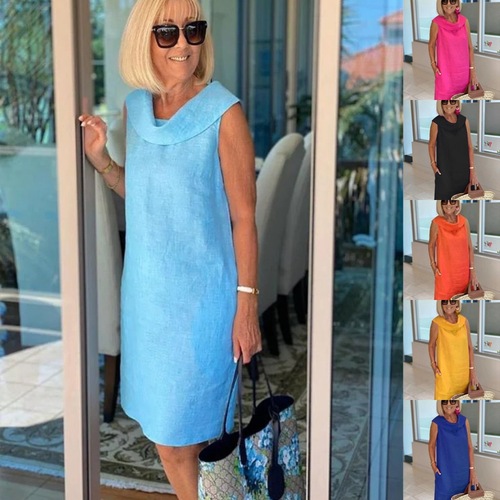 Cross-border Trade 2024 European and American Summer temu New Cotton Linen Casual Loose Collar Sleeveless Solid Color Dress 