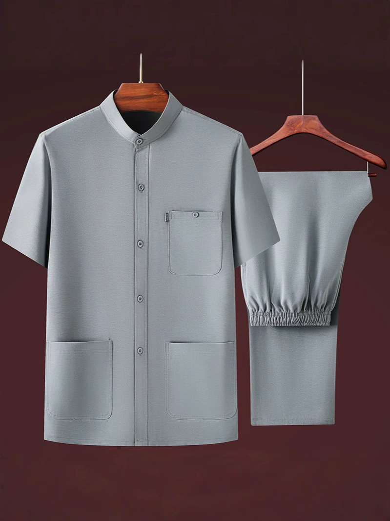 Мужской летний тонкий костюм для людей среднего и пожилого возраста, воротник-стойка, однотонный, летняя свободная рубашка с несколькими карманами для папы.