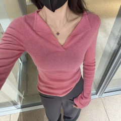纯色V领正肩针织衫女内搭秋冬长袖毛衣打底衫设计感小衫绝美上衣