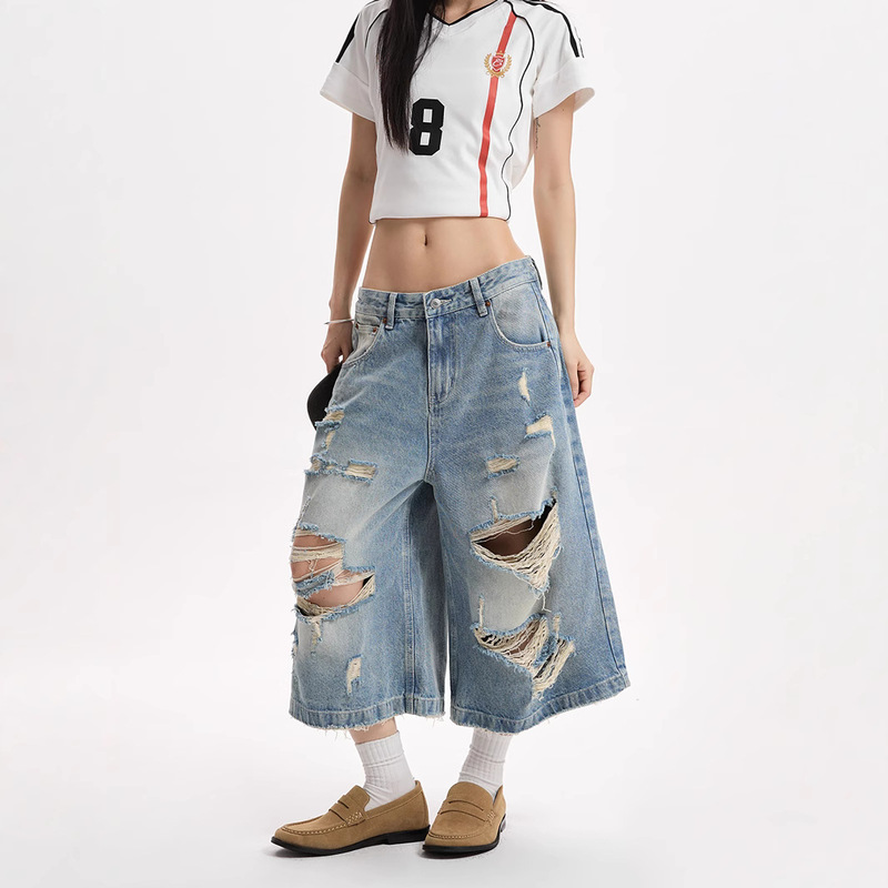 Plus-Size Trendy American-Style Distressed Ripped Cropped Jeans for Women, Summer Loose Versatile Slimming Stylish Personality Mid-Length Pants