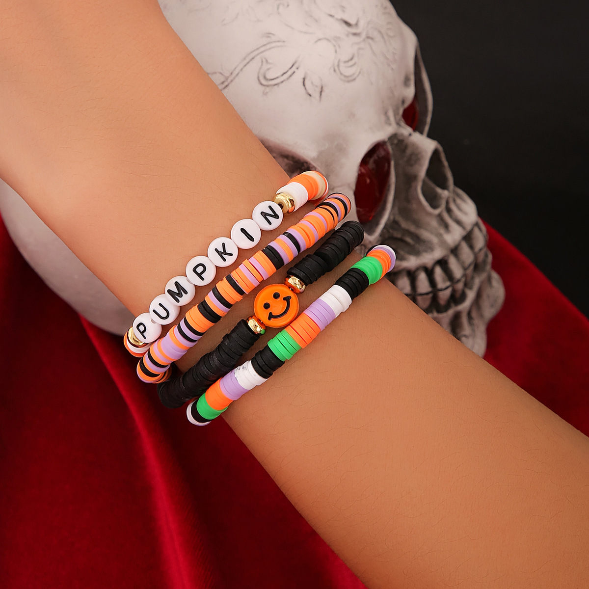 Bracelet de citrouille en perles d'Halloween, ensemble de bijoux de vacances en poterie souple, bracelet en dopamine élastique_voghion.com