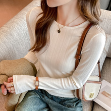 秋冬磨毛德绒竖条显瘦长袖打底衫女内搭圆领基础款t恤可外穿上衣