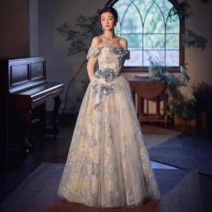 Blue Fairy Retro Hepburn Style Evening Dress One-Shoulder Coming-Of-Age Banquet Slim Dress Long Skirt for Women