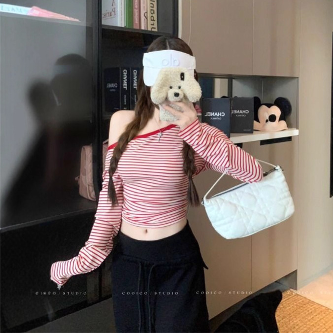 粉色条纹斜肩长袖T恤女装秋季纯欲风收腰修身紧身短款小个子上衣|undefined