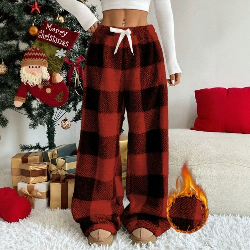 Трансграничная зимняя внешняя торговля Amazon, свободные повседневные клетчатые брюки, новые европейские и американские утолщенные теплые брюки на флисовой подкладке