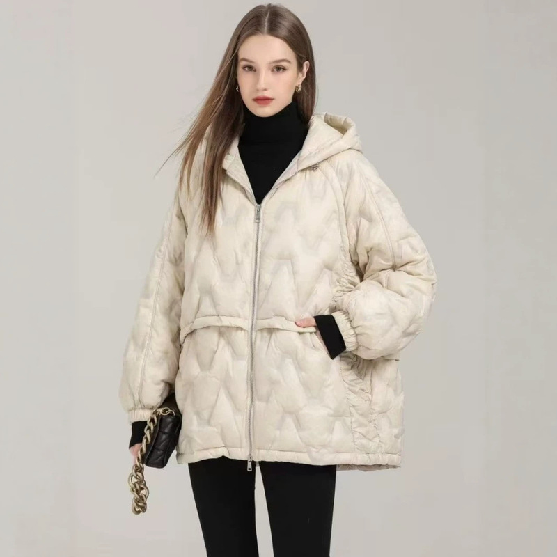 European-style plus-size women's down jacket, mid-length, hooded, quilted, lightweight, waist-cinching, loose fit, white duck down coat