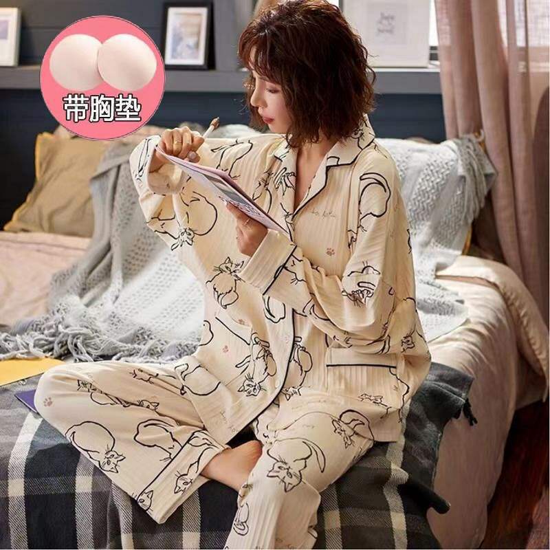 Pantalones de manga larga con almohadilla en el pecho anti-golpe de alta gama usable otoño 100% algodón Pijamas Mujer primavera y otoño homewear
