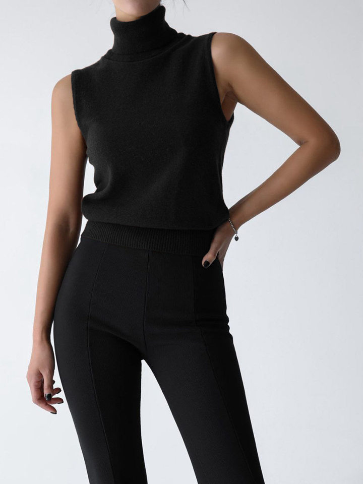 Bộ áo len dệt kim nữ cổ cao không tay kèm áo cardigan dáng suông — Áo vest màu nâu, Áo vest màu xám đậm, áo vest màu vàng, áo vest màu xanh chi tiết 111
