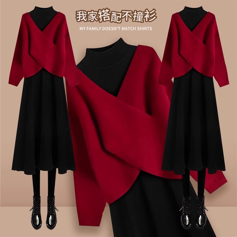 2024 겨울 새로운 패션 서양식 시대 감소 새해 분위기 레드 니트 스웨터 원피스 투피스 세트