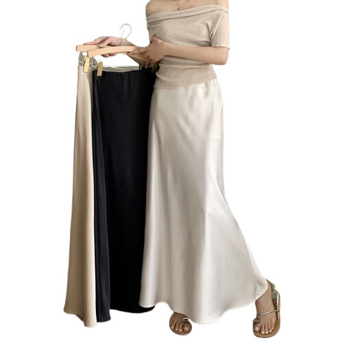 Large size 2024 new satin skirt, elastic waist, slimming fish tail skirt, French long dress, fat mm, 200kg
