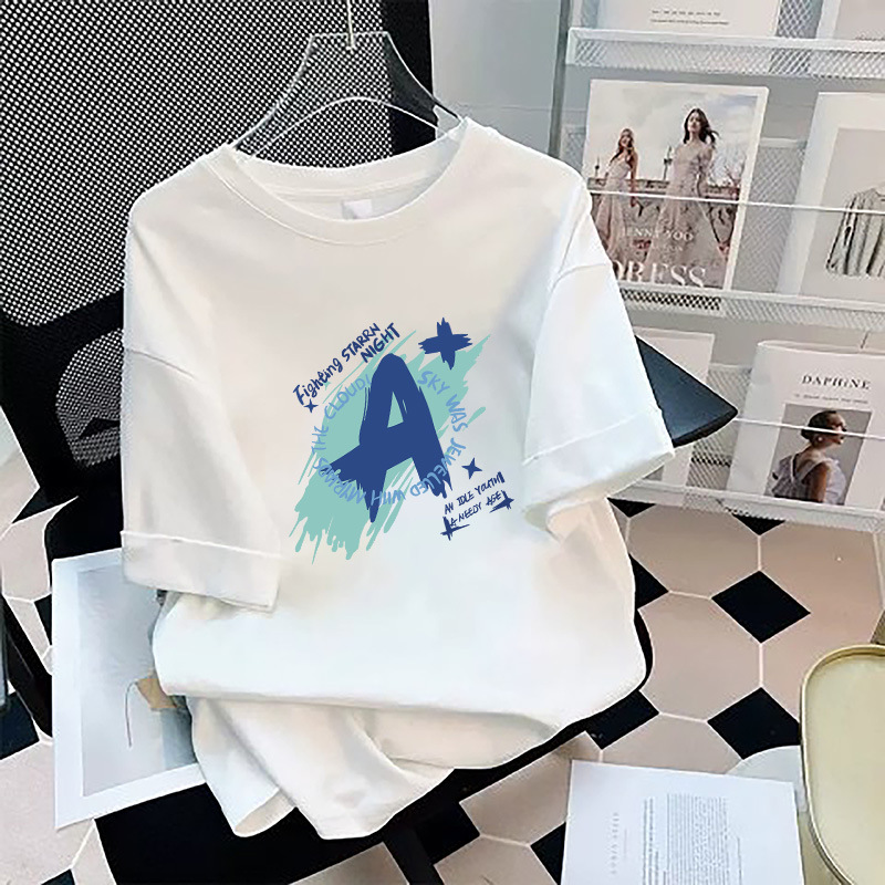 Verano nuevo estilo estilo nacional impresión de algodón camiseta mujer cuello redondo media manga suelta moda mujer hombro de manga corta camiseta top