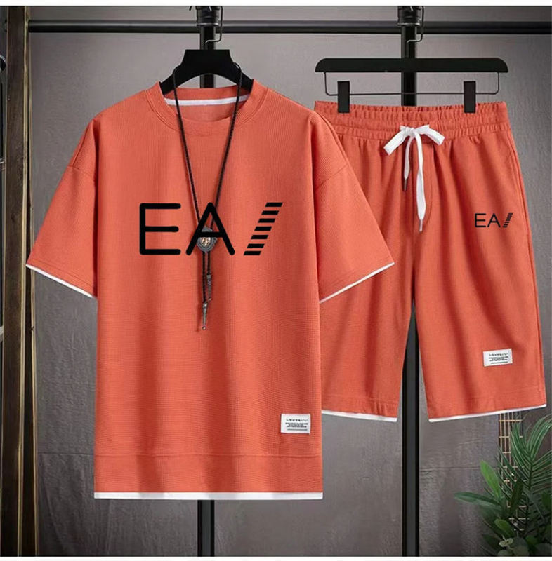 ワッフル半袖夏の Tシャツメンズカジュアルスポーツスーツ卸売ルーズフェイクツーピース半袖 Tシャツツーピースセット|undefined