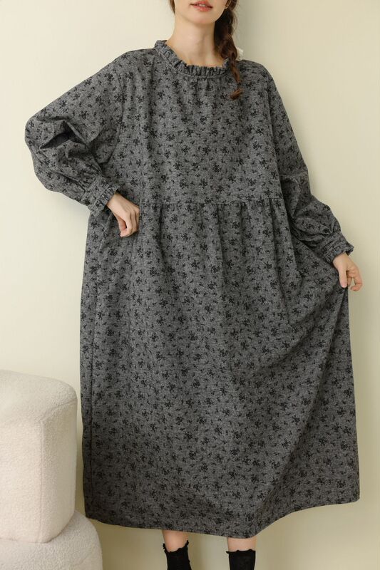 日系森女文艺磨毛碎花长袖连衣裙女宽松休闲大码显瘦长裙秋季新款|undefined