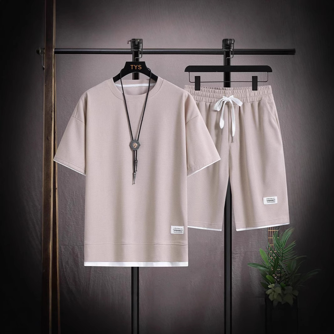 Men's Clothing Trendy Summer Fashion Waffle T-Shirt Loose Plus Size Thin Short Sleeved Tracksuit Style_viptrois.com