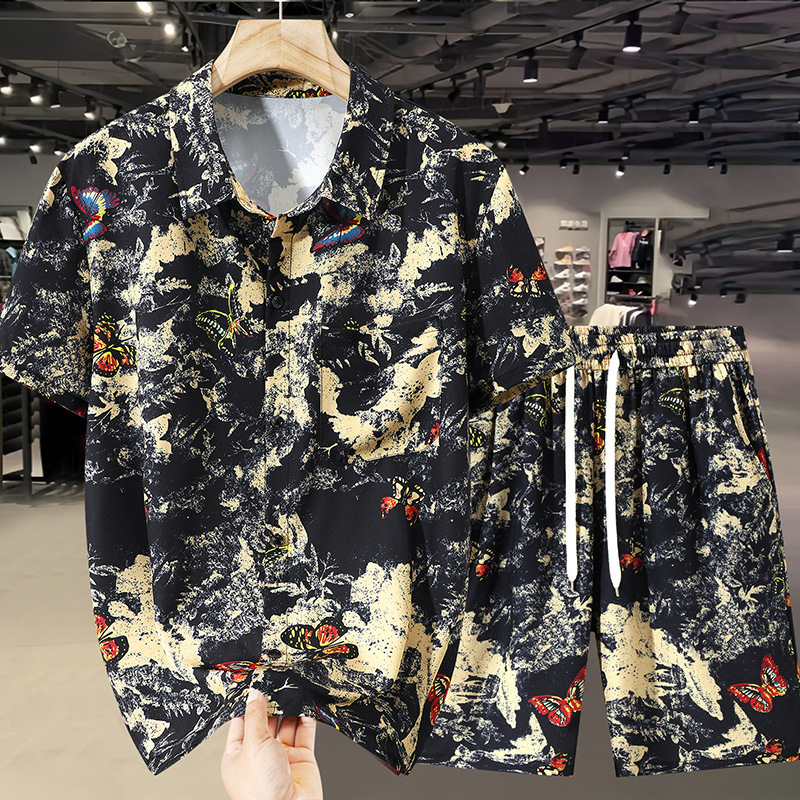 Plus Size Men's Short-Sleeve Shirt Set Trendy Loose Stretch Shirt Casual Pants Two-Piece Set for Big Men Plus Size Men's Short-Sleeve Shirt Set Trendy Loose Stretch Shirt Casual Pants Two-Piece Set for Big Men