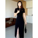 2025 New Black Dress for Small People, New Chinese Style Cheongsam, Summer Women's Elegant Slit Long Skirt