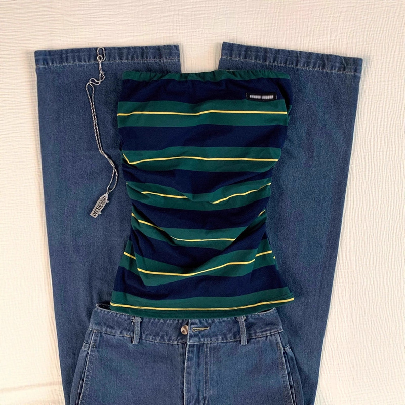 Real Evaluation! Off-Shoulder Pure Lust Style Top for Women Summer New Performance Stripesd Slim Design Sleeveless Shirt