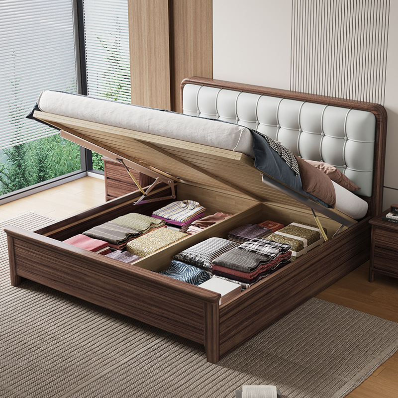 Ebony Wood Solid Wood Bed, Modern Minimalist Soft-Upholstered Double Bed for Master Bedroom, 2026 New Model, High Box Large Capacity Storage Bed