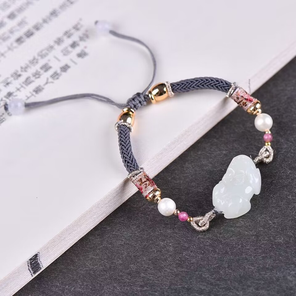 Organic ethnic woven bracelet white jade handmade