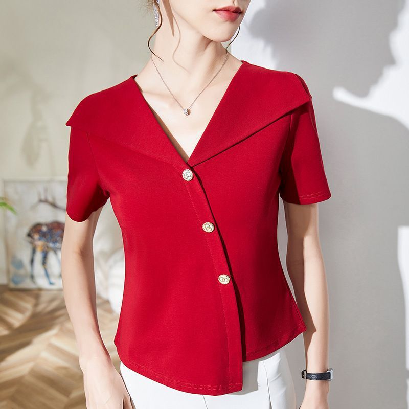 Designed Short-Sleeved T-Shirt for Women 2026 Summer Trendy New Style High-End French Retro Large Lapel Top for Women