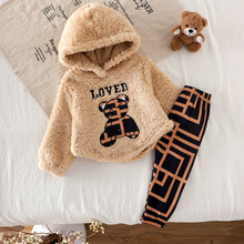 欧美跨境外贸秋季新款小熊图案咖色长袖卫衣搭配黑色长裤女童童装