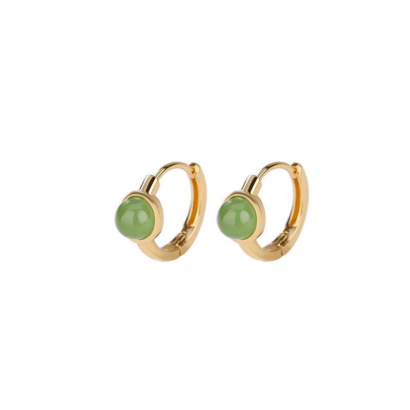 Bông tai kẹp tai nữ bạc S925 mạ vàng đính đá jasper đỏ hình hạt tròn phong cách đơn giản — Kiểu jasper màu bạc