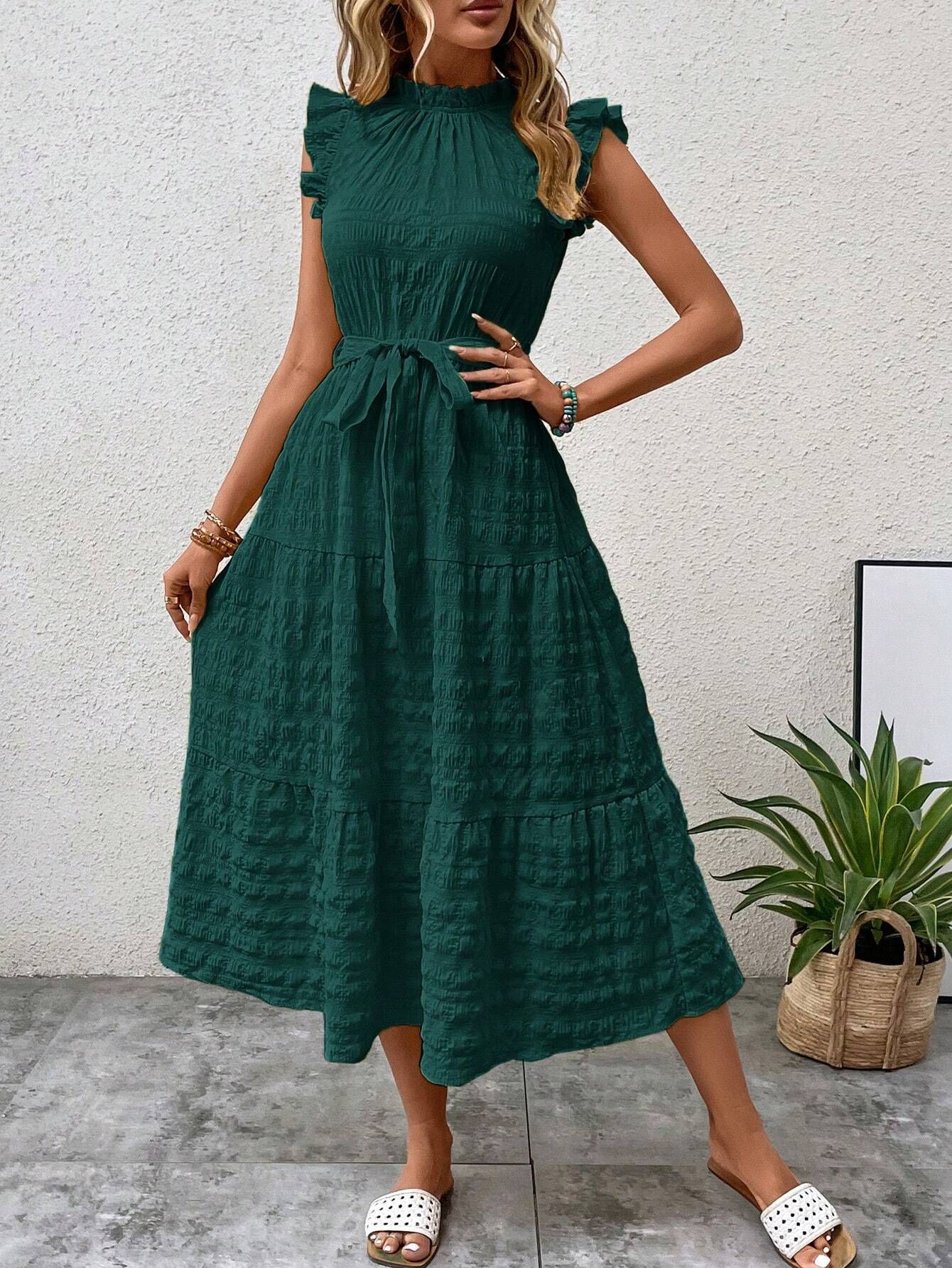 Women's Regular Dress Streetwear Scalloped Neckline Lettuce Trim Sleeveless Solid Color Midi Dress Daily display picture 28