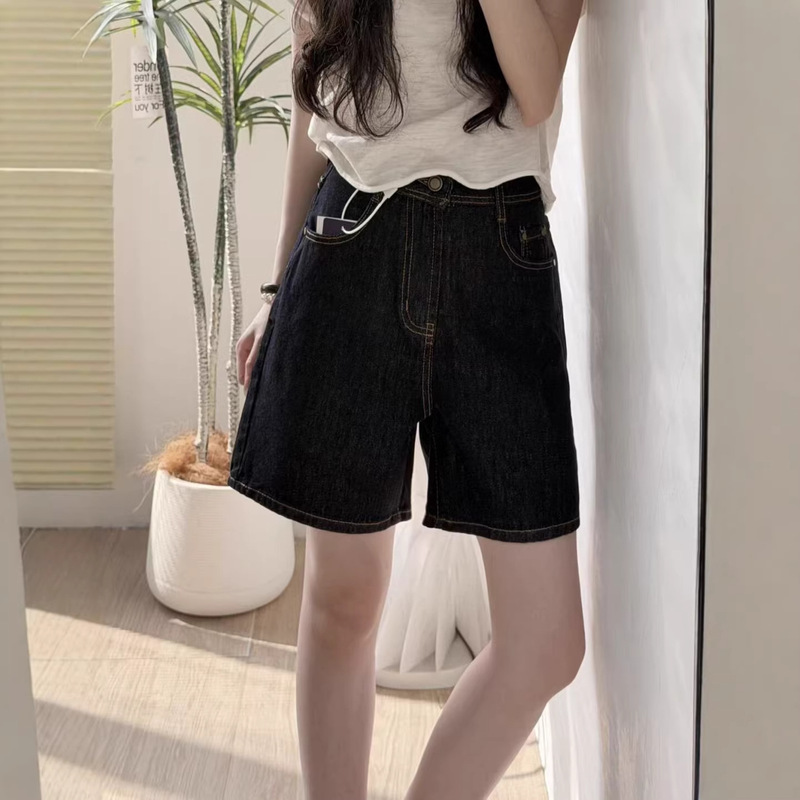 American-Style Original Deep Blue Anti-Fade Denim Shorts for Women, Loose Fit, Slimming, Versatile, Knee-Length A-Line Shorts for Petite Sizes