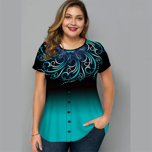 Cross-border Large Size Independent Station Amazon Women's Top 2023 New Short-sleeved Gradient Printed T-shirt Button Shirt