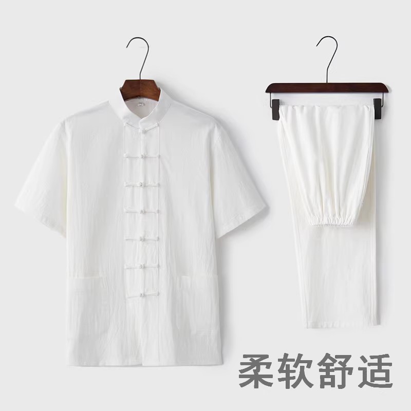 Wholesale summer stand collar middle-aged cotton and linen short sleeve suit men's tea clothing Ju Shifu Taiji casual Tang suit suit