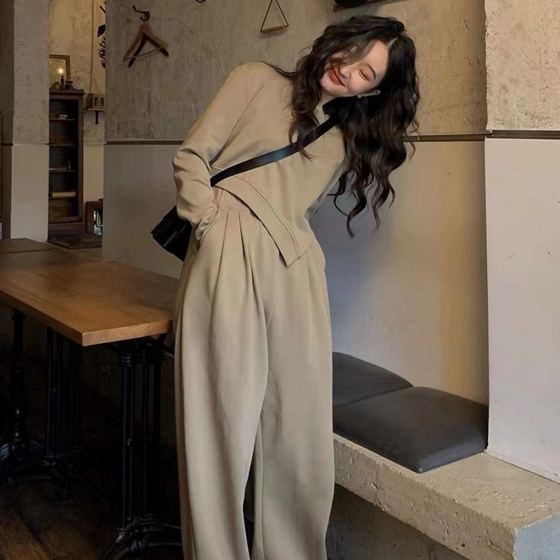 khaki American-style Loose Sports suit Women's Autumn New Lazy Irregular Sweat Casual Two-piece Set