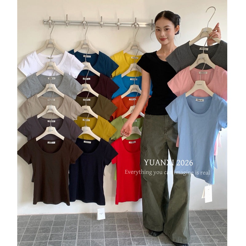 【Yuanxi】Authentic 26 Spring/Summer Korean Style Slimming Short Sleeve U-Neck Regular Shoulder Clavicle Short Sleeve T-Shirt