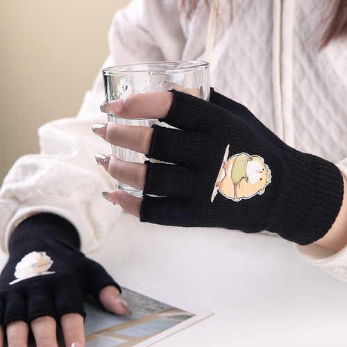 Cartoon Half-Finger Gloves with Heel Straps, Suitable for Men and Women, Autumn and Winter Knitted Woolen Gloves, Finger-Revealing Design, Ideal for Writing, Office Use, and Warming