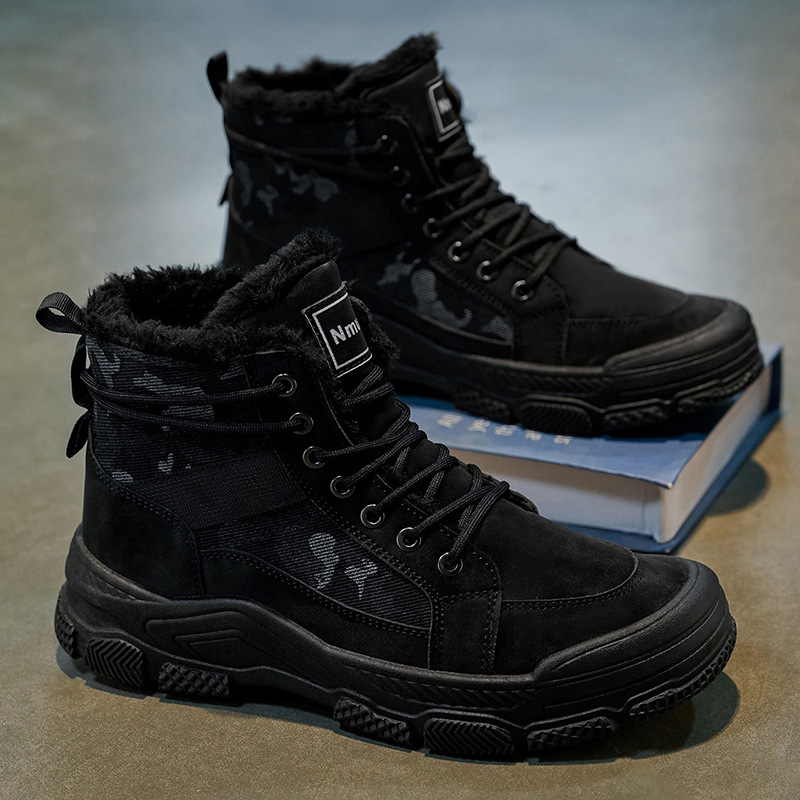 Zapatos de hombre de invierno de terciopelo, botas Martin de alta altura, zapatos de calentamiento antideslizantes para hombres con terciopelo de suela gruesa, zapatos de montaña antideslizantes