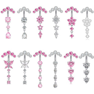 14G Perforated Navel Nail Light Luxury Spice Girl Pink Water Drop Navel Nail Stainless Steel Navel Ring Abdominal Piercing Jewelry