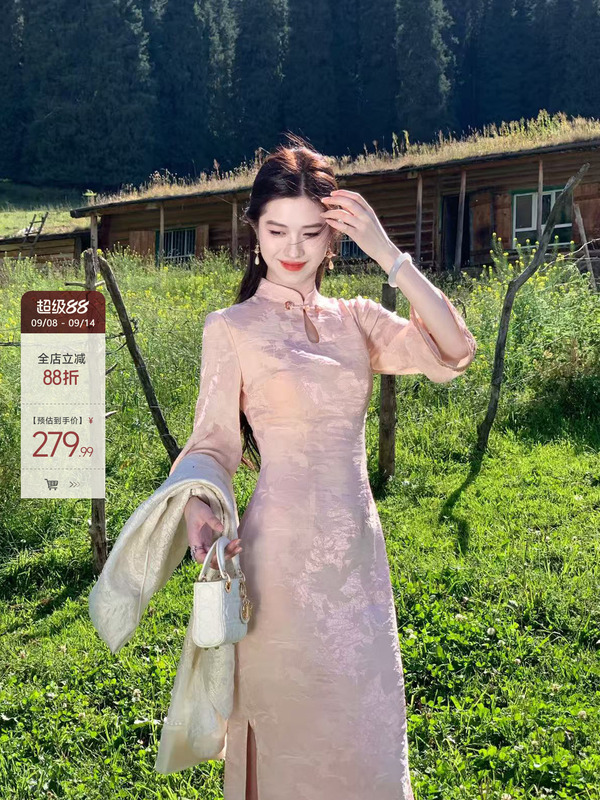 凌茜恣禾【甜月香】新中式珠光提花改良旗袍女早秋长袖镂空连衣裙|undefined