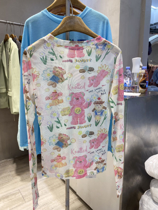 女性用日焼け止め服、女性用夏用薄手長袖Tシャツ、プリントメッシュボトムシャツ、ガーゼインナー、アイスシルクトップス、ブラウス|undefined