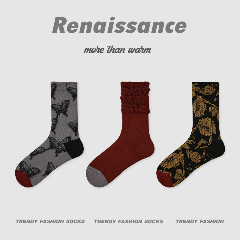 ルネッサンス新中国風秋 2025 新しいチェック柄花柄ミッドカーフソックス ins 文学ファッション女性の靴下